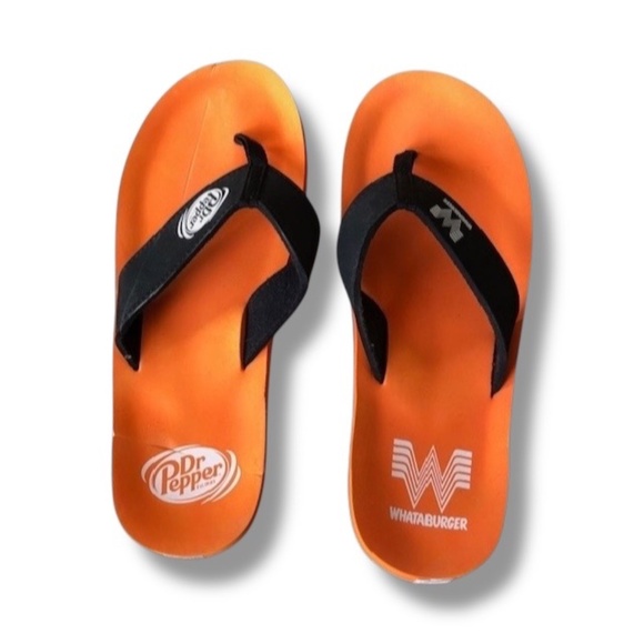 Neat Feet Orange & Black Flip Flops With Dr Pepper & What-A-Burger Logos Size L - Picture 1 of 10